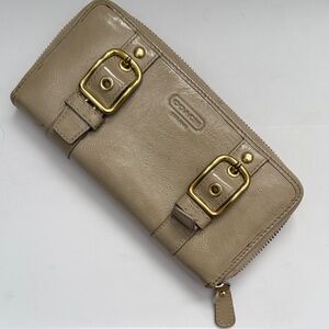 Coach Beige Leather Wallet Lined with Blue and Gold Accents